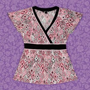 2000s AB Studio Pink & Black Geometric Y2K Babydoll Top | Size M
